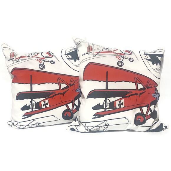 Vintage Airplane Throw Pillows Red Black and White 16" x 16" Lot of Two - Picture 1 of 5
